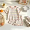 2026 Verano Comercio Exterior Ropa Infantil Conjunto de Dos Piezas Rayado para Casa Lindo Conjunto de Top de Manga Corta con Lazo y Shorts para Bebés Niñas