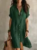 Vestido Camisa Nuevo Estilo Transfronterizo Europeo y Americano Amazon 2026, Vestido de Longitud Media Casual de Moda Color Sólido con Botones y Manga Corta