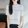 Camiseta de Punto de Seda Helada de Manga Corta para Mujer, Estilo Nuevo de Verano, Cuello Redondo, Huecos, Corte Holgado, Fresca y Elegante, Top Fino para Viajar