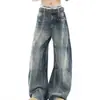 Jeans Masculino Retro Americano Corte Limpo Textura de Bambu Marca Tendência Perna Curva High Street Desgastado Caimento Solto