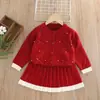 Conjunto de Suéter para Niñas Otoño e Invierno 2026 Nuevo Estilo Cardigan de Punto Elegante con Lazo y Perlas Falda Plisada Conjunto de Dos Piezas