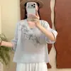 Novo top de linho bordado estilo nacional chinês, traje para chá para mulheres, blusa fina de linho de manga média para o verão de 2026
