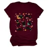 Amazon Wish Camiseta Básica Redonda de Manga Corta con Siete Gatos Negros y Hojas de Calabaza Linda y Divertida para Mujer Comercio Exterior