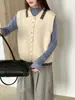 Chaleco de punto con cuello polo de bloques de color para mujer, nuevo estilo de otoño, de un solo pecho, cárdigan sin mangas, perfecto para llevar sobre suéteres