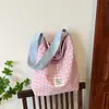 Bolso Balde de Lona para Mujer 2024 Nuevo Bolso de Moda Bolso de Hombro a Cuadros Contrastantes Bolso Tote Literario para Ropa de Trabajo para Estudiante Universitario