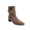 Botas femininas de salto médio com bico quadrado e fivela para comércio exterior transfronteiriço, novas botas curtas pretas slip-on outono e inverno, botas Martin de salto grosso emagrecedoras