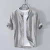 Camisa de lino para hombre, de manga corta, cuello alto, de verano, fina, holgada, de algodón y lino, blanca, estilo fresco, informal, para hombre