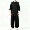 Conjunto de Camisa e Calça Masculina de Algodão e Linho Estilo Chinês Novo Verão 2026, Conjunto de Duas Peças com Gola Alta Botonê Retro