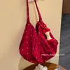 Bolsa de lona com bolinhas vermelhas para mulheres, nova bolsa de ombro casual estilo coreano 2025, bolsa tote de grande capacidade