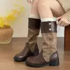 Botas de motocicleta con suelas gruesas, estilo nicho, botas altas apiladas, botas de caballero, tacón grueso, modernas botas altas plisadas para mujer, diseño adelgazante, con detalles de patchwork
