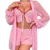 Conjunto de lencería sexy de comercio exterior europeo y americano: camisola de malla transparente, shorts, bata, bordado, ropa de dormir seductora para casa