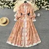 Vestido Feminino Elegante Longo Plissado com Gola Vertical e Manga Lanterna Estampada de Botão Único Estilo Feriado Início da Primavera 2025