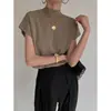 Camiseta Feminina de Verão Retro Francesa Gola Alta Manga Curta Malha Loose de Seda Gelada Top Estilo Hong Kong Chique Tendência