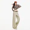 Jeans para Mujer Holgados de Pierna Ancha Plisados Retro Puro Algodón Largo Hasta el Suelo Color Té con Leche Pantalones Largos Color Té con Leche Extendido Yi Chun