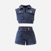 Venda Quente de Verão Conjunto Jeans para Meninas Transfronteiriço Decote V Profundo Sem Mangas Bolsa Quadrada Pulôver Colete Shorts Conjunto de 2 Peças