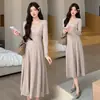 Moda gestante para outono e inverno, novo vestido de tricô com gola de renda de fita, decote V, saia evasê de cintura alta, emagrece sem apertar a barriga, adequado para usar como peça externa