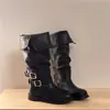 Botas Vaqueras de Mujer con Solapa, Nuevo Modelo 2026, Estilo Coreano, Empeine de Piel, Hebilla de Cinturón, Caña Alta, Doble Uso, Acabado Desgastado, Tacón Grueso