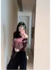 Camiseta Morada de Manga Larga Off-Shoulder de Lino Lyocell Laareeto para Mujer, Top Corto de Otoño, Adelgazante y Versátil