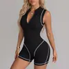 Mono Corto Sin Mangas Estilo Europeo y Americano para Mujer Ajustado con Rayas y Bloques de Color Ropa de Yoga Fitness Cuello Alto Cremallera Conjunto