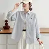 [100% Algodón, Tela Oxford, Lavado a la prenda] Camisa de Manga Larga a Rayas Cortas para Primavera/Otoño, Estilo Coreano, Top Versátil y Adelgazante para Mujer
