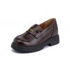 Estilo Influenciador da Internet Novos Mocassins de Primavera para Mulheres, Retro Moeda Pequena Salto Grosso, Confortáveis Não Cansativos, Couro Lavado Amassado Sapatos Pequenos de Couro