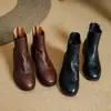 Botines Cortos de Piel de Vaca de Primera Capa para Mujer Botas Individuales Otoño Nuevo Estilo Piel Genuina Punta Redonda Cremallera Trasera Tacón Grueso Tacón Medio Caña Corta Botas Chelsea