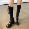 Botas Altas de Encaje Versátiles Estilo Coreano para Mujer Otoño e Invierno 2025 Nuevas Botas de Montar Retro de Nicho Botas Altas Negras