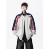Sudadera cárdigan de color block a rayas estilo americano con cuello alto para hombre, marca de moda, otoño e invierno, chaqueta deportiva casual holgada para pareja con cremallera