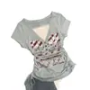 Camiseta de Manga Corta con Estampado de Letras y Cordón, Cuello en V, Estilo Retro Americano, Falsa Dos Piezas para Mujer, Verano 2025, Top Sexy Adelgazante