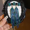 Brincos de franja em losango com laço brilhante e diamantes, brincos de luxo leve de alta qualidade, brincos de luxo resistentes europeus e americanos