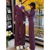 Traje de Punto Morado Estilo Tweed para Mujer en Otoño e Invierno, Conjunto de Dos Piezas de Moda y Elegante, Pantalones de Pierna Ancha de Lana de Alta Gama Ajustados