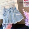 Saia Jeans Curta de Verão para Meninas Bebês Estilo Coreano Novo Estilo Fofo Laço Renda Saia Plissada Moderna