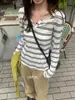 Camiseta Casual Feminina Estilo Coreano Outono Cor Blocada Listrada Versátil Solta Modeladora Gola Meio Aberta Manga Longa 11021