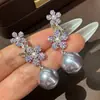 Flores Brilhantes~Brincos de Flor com Zircônia e Pérola, Estilo Retrô Francês, Brincos Versáteis, Luxo Leve e Brincos de Alto Padrão