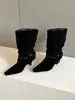 Primer Encuentro Ji Dong Qiu Estilo Nuevo Punta Cuadrada Hebilla Tacón Alto Botas de Media Caña Moda Femenina Temperamento Adelgazante Fruncidas Botines Botines