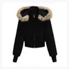 Chaqueta Cárdigan con Capucha Forrada de Forro Polar Desmontable Cuello de Piel Estilo Retro Americano Chaqueta Corta Casual Cálida de Invierno Sudadera