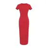 2026 Verano Nuevo Estilo Cuello Redondo Manga Corta Elástico Ceñido a la Cadera Falda Larga Estilo Kardashian Estadounidense Vestido Ajustado de Color Sólido