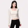 Camiseta Feminina Lyocell Tencel Slim Fit Manga Longa, Nova Coleção Outono 2026 Estilo Coreano Top Curto de Gola U de Alta Qualidade para Meninas na Moda