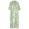 2024 Verão novo chinês retro melhorado cheongsam vestido feminino stand collar Ramie artística estampada saia longa