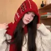 Cachecol com Capuz de Tricô Estilo Coreano Fair Isle Integrado Temporada Outono/Inverno Quente Proteção para Orelhas Chapéu de Lã Balaclava