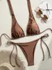 Bikini Sexy de Tres Piezas 2025 Color Sólido Espalda Descubierta Cuello Halter Traje de Baño Ropa de Baño Transfronteriza de Comercio Exterior Europeo y Americano