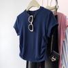 T-shirt Feminina Slim de Verão de Moda Slim de Algodão Puro de Alta Qualidade Gola Redonda Ombro Direito Cintura Manga Curta Vermelha Plissada