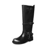 Botas de montar de dos tonos para mujer, botas largas desgastadas, nuevo estilo otoño e invierno, cuero genuino, punta redonda, correa con hebilla, botas altas rectas para mujer
