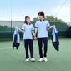 Uniforme Esportivo de Verão e Primavera para Alunos do Ensino Médio Conjunto Esportivo de Três Peças de Manga Curta Azul e Branco para Alunos do Ensino Fundamental Uniforme Esportivo para Alunos do Ensino Médio