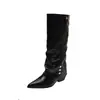 ¡Versión de Cuero Suave! Botas de Cuña de Gamuza con Punta Agujero de Pantalón Acampanado Botas Altas de Caballero Estilo Wasteland Botas Vaqueras Occidentales Adelgazantes