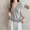 Top de punto fino de seda helada con cuello en V y nudo retorcido para verano, talla extra, estilo coreano, camiseta sencilla de manga corta anudada para mujer