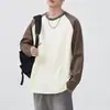 Camiseta de manga raglan de algodão puro de peso pesado para homens, base patchwork color-blocking estilo americano, gola redonda solta, camiseta de manga longa unissex