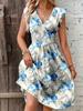 Europeo y Americano Transfronterizo Amazon Temu Moda Estampado Plisado Cintura Elegante Manga con Volantes Vestido Midi Mujer