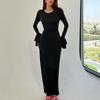 Moda Transfronteiriça Europeia e Americana Elegante Vestido Longo Feminino Lv Justo Cor Sólida Manga Trompete Vestido Lv