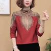 Otoño e Invierno nuevo terciopelo australiano cuello medio alto estampado camisa básica de moda versátil estilo occidental adelgazante manga larga top para mamá y mujer